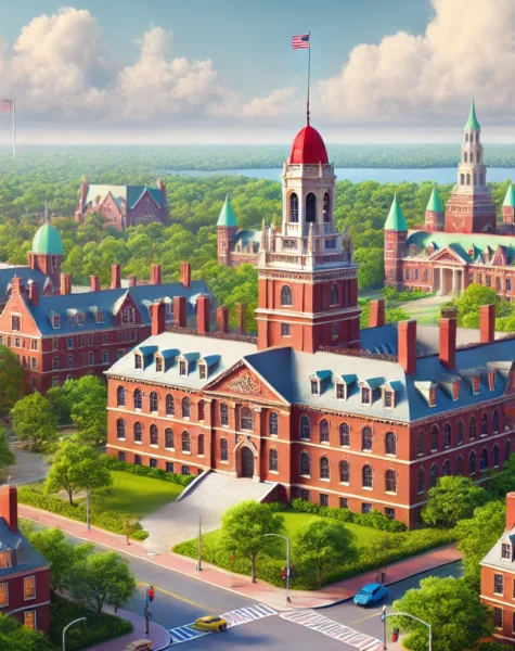 DALL·E 2024-12-11 14.26.36 - A realistic depiction of the iconic Harvard University campus in Cambridge, Massachusetts, showcasing its historic red-brick buildings and lush greene