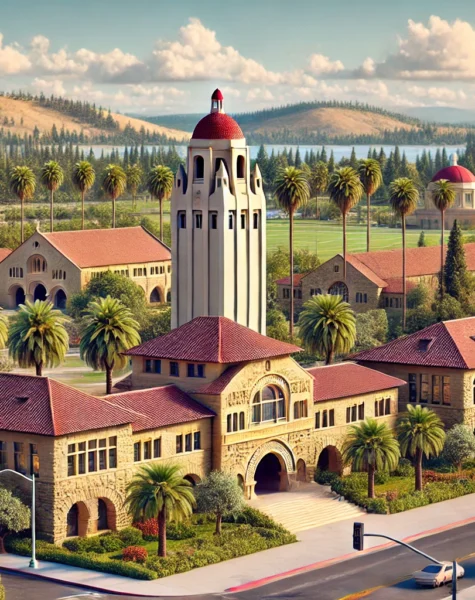 DALL·E 2024-12-11 14.26.39 - A realistic depiction of Stanford University campus in California, showing its iconic sandstone buildings, palm trees, and the Hoover Tower in the bac