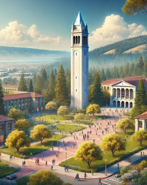 DALL·E 2024-12-11 14.26.43 - A realistic depiction of UC Berkeley campus in California, showcasing the Sather Tower (Campanile) surrounded by trees and students walking around