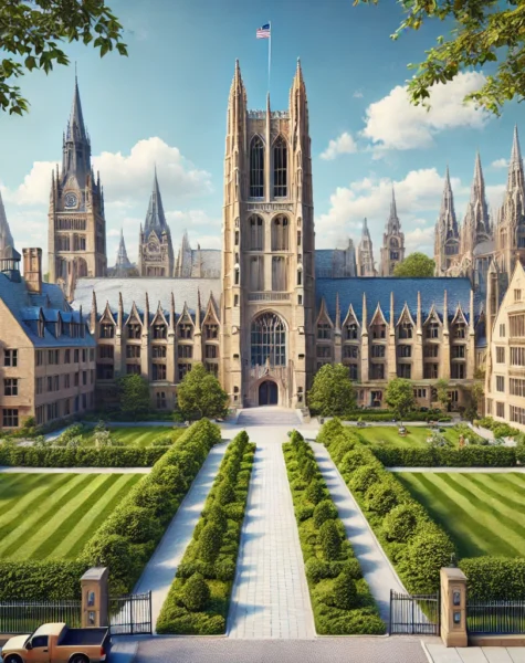 DALL·E 2024-12-11 14.26.44 - A realistic depiction of Yale University campus in New Haven, Connecticut, featuring iconic Gothic-style buildings and lush green courtyards