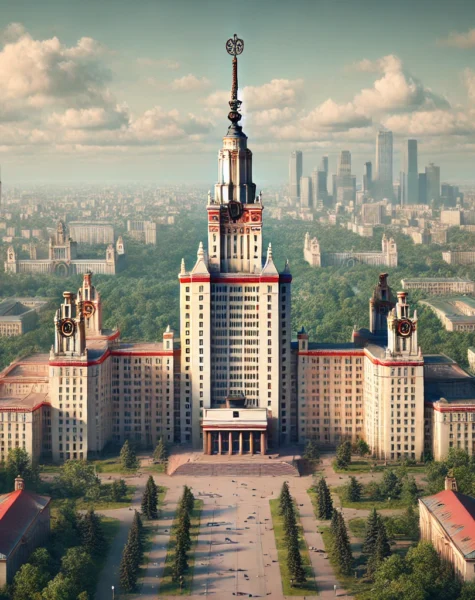 DALL·E 2024-12-11 14.40.07 - A realistic depiction of Lomonosov Moscow State University in Moscow, Russia, featuring its iconic tall main building with classical Soviet-era archit