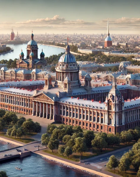 DALL·E 2024-12-11 14.40.08 - A realistic depiction of St. Petersburg State University in Russia, featuring its historic campus buildings near the Neva River, surrounded by a sceni