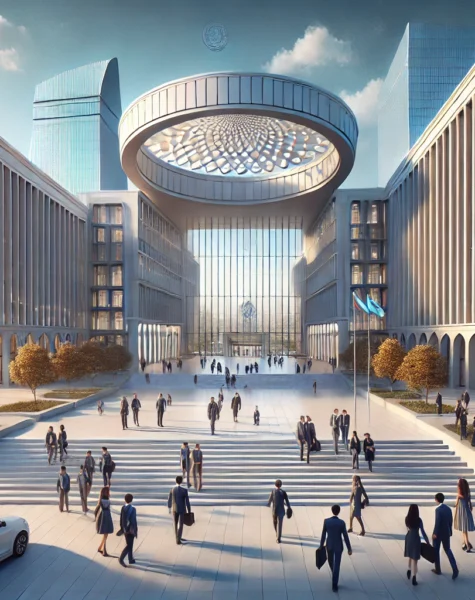 DALL·E 2024-12-11 15.57.28 - A realistic depiction of Azerbaijan State University of Economics (UNEC) in Baku, showcasing a modern academic building with students walking around a