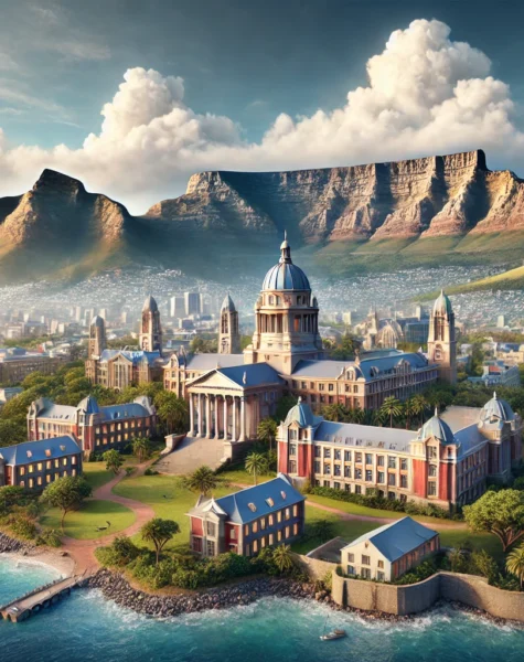 DALL·E 2024-12-11 16.10.59 - A realistic depiction of the University of Cape Town in South Africa, showcasing its historic buildings surrounded by the scenic backdrop of Table Mou