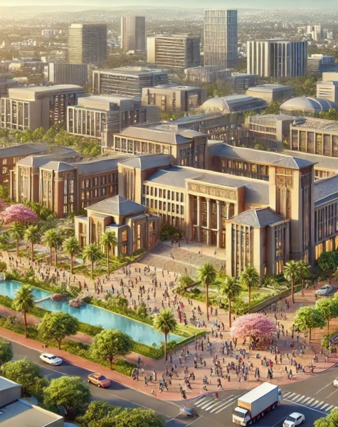 DALL·E 2024-12-11 16.11.00 - A realistic depiction of the University of the Witwatersrand in Johannesburg, South Africa, showcasing its modern academic buildings and bustling stud