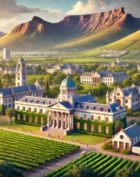 DALL·E 2024-12-11 16.11.07 - A realistic depiction of Stellenbosch University in South Africa, featuring its classic campus buildings surrounded by scenic vineyards and mountains