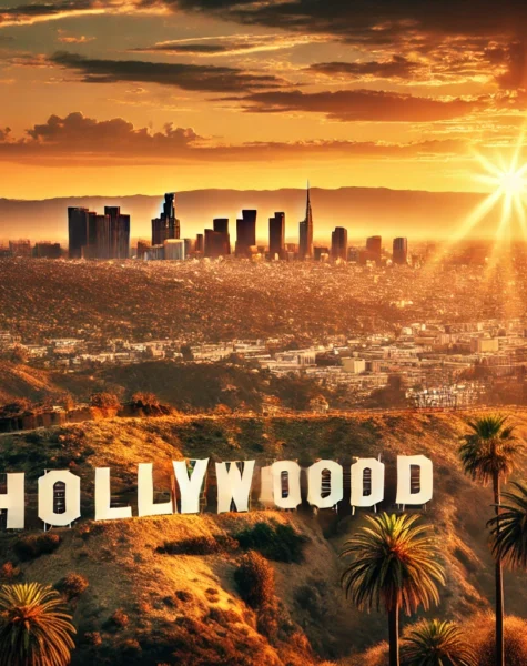 DALL·E 2024-12-11 16.28.16 - A picturesque view of Los Angeles, California, featuring the iconic Hollywood sign on the hills, palm trees, and a golden sunset over the cityscape