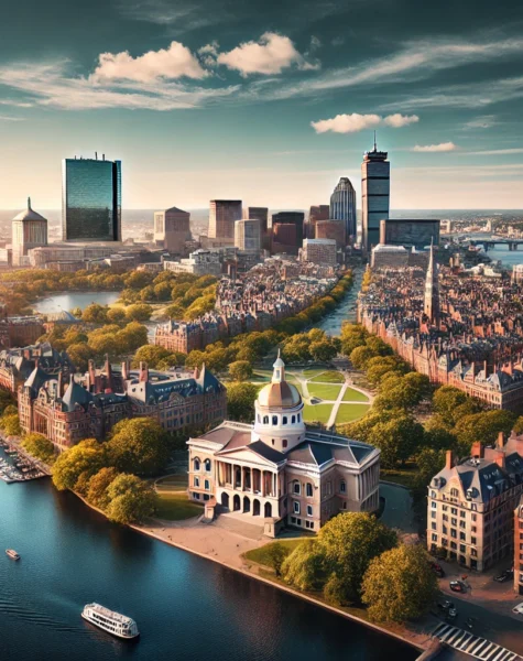 DALL·E 2024-12-11 16.28.19 - A breathtaking view of Boston, Massachusetts, featuring the iconic Boston Common park, historic buildings, and the Charles River under a clear blue sk