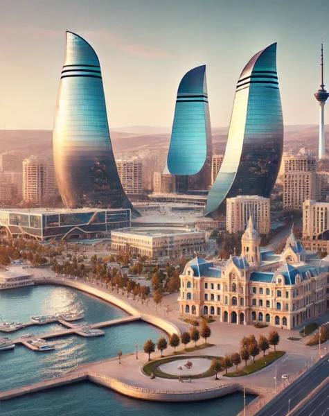 DALL·E 2024-12-11 16.34.39 - A picturesque view of Baku, Azerbaijan, featuring the iconic Flame Towers, the Caspian Sea shoreline, and modern urban architecture with a touch of tr