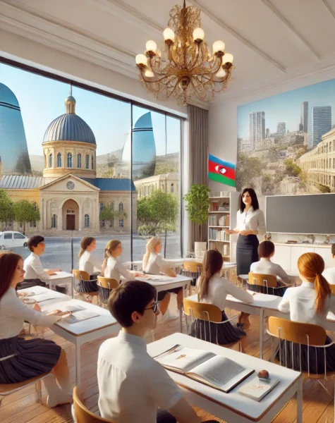 DALL·E 2024-12-11 16.34.40 - A realistic depiction of a modern language school in Baku, Azerbaijan, featuring a welcoming classroom environment with international students and a p