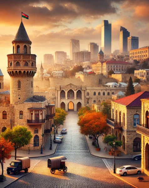 DALL·E 2024-12-11 16.34.42 - A scenic view of Baku's historic Old City (Icherisheher) with cobblestone streets, ancient buildings, and the Maiden Tower, showcasing cultural herita