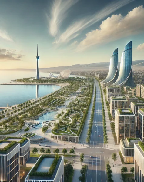 DALL·E 2024-12-11 16.34.49 - An inspiring view of the Caspian Sea from Baku's modern promenade, featuring sleek architecture, green parks, and the iconic Flame Towers in the dista