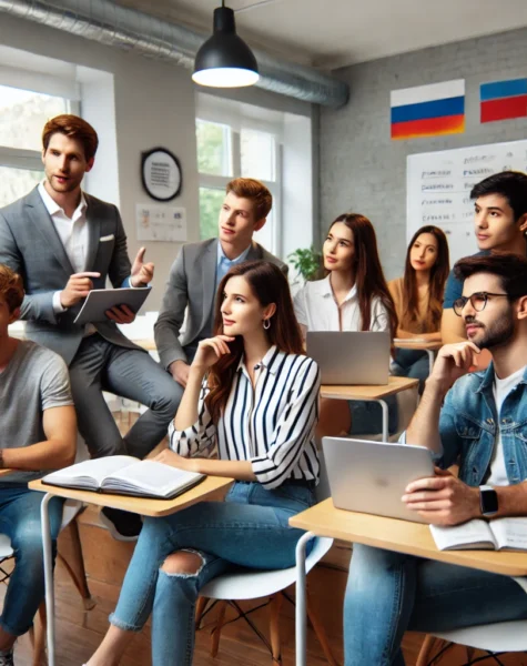 DALL·E 2024-12-11 16.42.45 - A modern language school classroom in Moscow, Russia, featuring international students engaging in a Russian language lesson with a professional teach