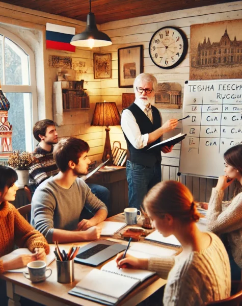 DALL·E 2024-12-11 16.43.00 - A cozy classroom environment in a Russian language school, featuring a teacher writing on a whiteboard while students take notes and interact in Russi