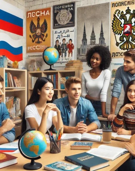 DALL·E 2024-12-11 16.43.13 - A group of international students in a Russian language school discussing in a study room, with cultural posters and teaching materials displayed on t