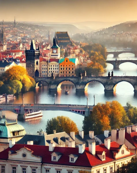 DALL·E 2024-12-11 16.49.12 - A scenic view of Prague, Czech Republic, featuring Charles Bridge, the Vltava River, and the historic cityscape with its iconic Gothic architecture