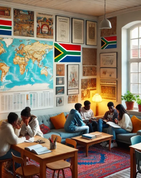 DALL·E 2024-12-11 16.54.27 - A cozy study lounge in a South African language school, featuring students engaging in discussions with cultural posters and maps on the walls