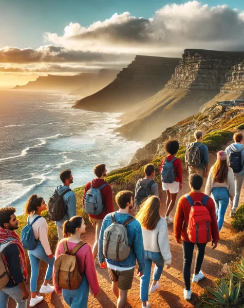 DALL·E 2024-12-11 16.54.28 - A diverse group of students exploring Cape Point in South Africa, surrounded by stunning ocean views and dramatic cliffs, emphasizing cultural and edu