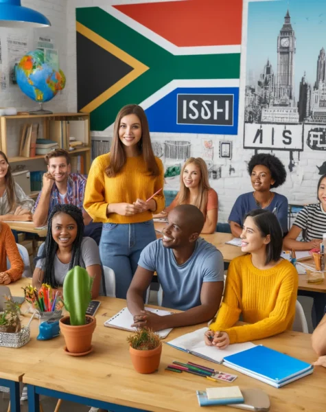 DALL·E 2024-12-11 16.54.30 - A vibrant classroom in a South African language school, featuring diverse international students interacting with a teacher in a modern and welcoming