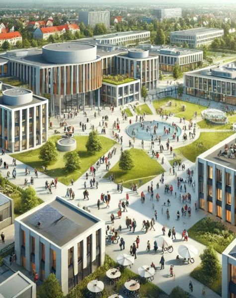 DALL·E 2024-12-11 17.50.40 - A detailed image of the University of Ostrava campus, featuring students interacting on the grounds, modern classrooms, and the university's focus on