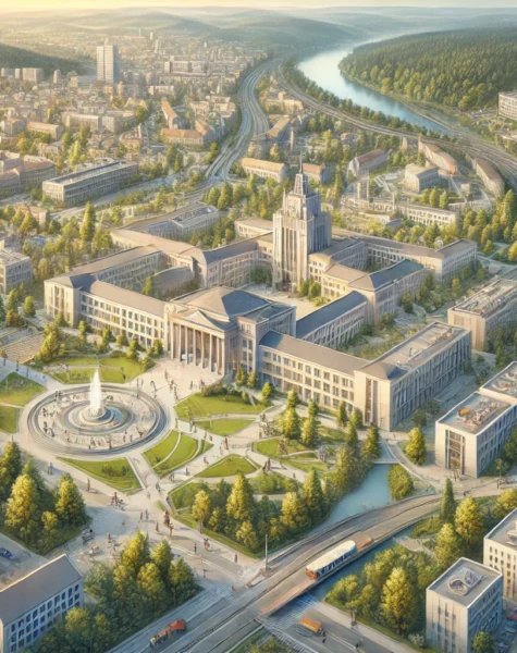 DALL·E 2024-12-11 17.50.41 - A detailed image of the University of South Bohemia in České Budějovice, showcasing its campus, students attending lectures, and the beautiful natural